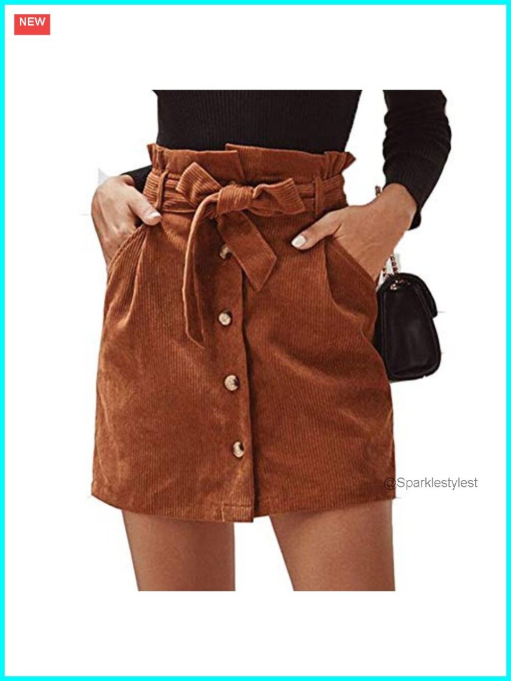 Women's Corduroy Paperbag Waist Mini Skirt High Waist Belted A-Line with Pockets